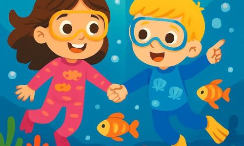 Há 2 personagens principais: - Luna: uma menina de 7 anos com longos cabelos castanhos e olhos brilhantes. Ela usa um traje de mergulho rosa com estampas de peixes. Luna está sorrindo, encantada com as criaturas marinhas ao seu redor. - Caio: um menino de 7 anos com cabelos curtos e loiros. Ele veste um traje de mergulho azul decorado com conchas. Caio está apontando para um peixe colorido que nada perto deles. Os dois amigos estão de mãos dadas, flutuando alegremente debaixo d'água, cercados por bolhas cintilantes. O cenário principal é um lindo recife de corais, cheio de corais vibrantes: vermelhos, laranjas e roxos. Peixes de cores brilhantes nadam ao redor deles, enquanto raios de luz filtram pela superfície da água, criando um espetáculo mágico. A história mostra Luna e Caio descobrindo um mundo subaquático mágico, onde exploram criaturas marinhas amigáveis e paisagens subaquáticas encantadoras, prontos para uma grande aventura.