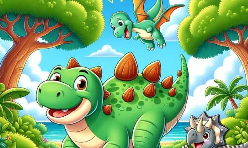 Un estegosaurio llamado Estego, con su piel verde y sus placas en forma de escudos en la espalda, muestra una gran sonrisa alegre mientras juega en un campo soleado. A su lado, un triceratops llamado Trixie, con sus tres cuernos y su piel gris, salta de alegría, mientras que un velociraptor llamado Rapi, rápido y ágil, corre a su alrededor con un aire juguetón. El escenario es una isla mágica, llena de árboles gigantes con hojas exuberantes y flores de colores brillantes, bajo un cielo azul salpicado de nubes blancas y esponjosas. La escena muestra a Estego, Trixie y Rapi jugando a las escondidas, con Estego escondiéndose detrás de un gran árbol mientras Rapi cuenta alegremente.