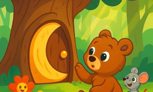 A small brown bear named Bruno, with soft and fluffy fur, gazes with wide, amazed eyes at a wooden moon-shaped door at the base of a large oak tree. He sits on the green grass, surrounded by colorful flowers that seem to smile. Next to him, a small gray mouse, with sparkling curious eyes, watches the door with excitement, perched on a stone and ready to jump. The setting is an enchanted forest filled with majestic trees with gnarled trunks and rays of sunlight filtering through the foliage, creating dancing shadows on the ground. The main scene shows Bruno hesitating, with a paw raised, ready to open the magical door that could lead him to an incredible adventure.