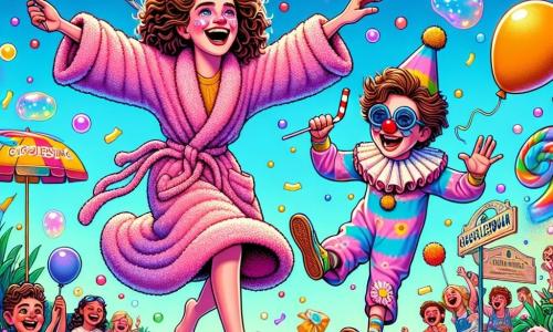 In the center of the image, Bubbles, a young woman with curly, colorful hair, wears a pink swimsuit that floats around her like a cape. She has a big smile on her face, her eyes sparkling with joy as she dances in the air, surrounded by colorful bubbles. Next to her, Chuckles, a 10-year-old boy with messy hair and a red clown nose, wears clown shoes shaped like flamingos. He is laughing loudly, sliding on the marshmallow-covered ground with his arms spread out as if flying. In the background, Gigglesburg Park is filled with bright colors: balloons float in the blue sky, children laugh and play, and a large sign reads "Pet Parade." Confetti falls like a rain of colors, adding to the festive atmosphere. The scene shows Bubbles and Chuckles dancing and having fun while balloons float around them, creating a joyful and playful ambiance.