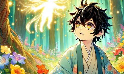 Hiroshi, un băiat de 12 ani, stă în centrul scenei, cu părul negru zbârlit și ochii mari strălucind de curiozitate. Poartă un kimono tradițional albastru, decorat cu motive de cireși înfloriți, iar fața lui exprimă o determinare amestecată cu uimire în timp ce privește spre cer. Lângă el, Yurei, un spirit luminos, plutește ușor. Yurei are un aspect etereal, cu o siluetă translucidă și străluciri de lumină aurie care îl înconjoară, creând o aură magică. Zâmbește cu bunăvoință, pregătit să împărtășească înțelepciunea sa. Decorul se află într-o poiană vrăjită, înconjurată de copaci mari cu frunze verzi strălucitoare, unde razele de soare pătrund printre crengi. Flori colorate împânzesc solul, iar o briză ușoară face petalele să danseze. Principala situație arată cum Hiroshi îi pune o întrebare lui Yurei, căutând să înțeleagă adevărurile vieții. Privirile lor se întâlnesc, simbolizând căutarea cunoașterii și înțelepciunii într-o lume magică și misterioasă.