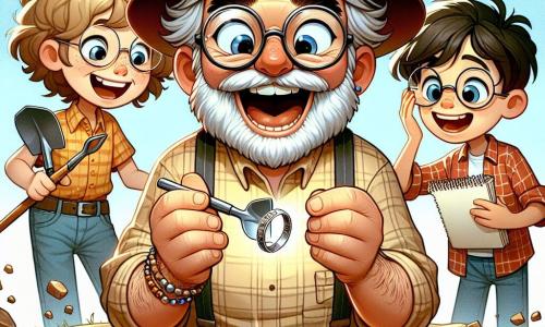 In the foreground, a passionate man, Mr. Oliver Stone, is depicted wearing a wide brown hat, round glasses, and a salt-and-pepper beard. His face expresses immense joy and palpable excitement as he holds a small shovel in one hand and a silver bracelet in the other, uncovering hidden treasure. Beside him, a 10-year-old girl named Emma, with curly hair and glasses, gazes at the bracelet in wonder. She wears a plaid shirt and shorts, holding a notebook to record her findings. An 11-year-old boy, Jake, stands a bit back with a big smile, his tousled blonde hair. He holds a brush and seems ready to clean another discovery buried in the ground. The setting is a vibrant archaeological site, featuring a circle of ancient stones covered in moss and wildflowers. The ground is dotted with small archaeological tools and pottery fragments, while the blue sky is scattered with fluffy white clouds, creating a cheerful and playful atmosphere. The scene showcases Mr. Stone and his students in the midst of discovery, highlighting the excitement and curiosity that drive them as they explore the mysteries of the past.