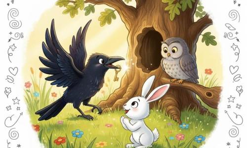 A joyful, curious crow with slightly spread wings and glossy black feathers with a bluish sheen holds a small shiny golden key in its beak; beside it Benny, a white rabbit with round excited eyes and ears up, front paws on the grass, looks at the key; Lucy, an elderly gray owl with fluffy feathers and a wise expression, perches on a low branch watching; setting: a sunny meadow of tall green grass and colorful flowers with a large ancient oak with a gnarled hollow trunk lit by soft sun rays; main scene: the crow presents the key before the old oak while the rabbit applauds and the owl observes, warm, wondrous atmosphere, vivid colors, soft outlines, hand-drawn textures.