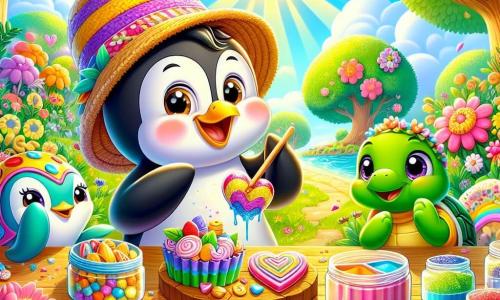 Al centro dell'immagine, un piccolo pinguino di nome Pinguino Pasticcione, con un cappello a righe colorate e un ampio sorriso, sta preparando dolcetti a forma di cuore su un tavolo di legno, circondato dai suoi amici. Alla sua destra, una stella marina di nome Stella, con braccia colorate e occhi scintillanti, lo osserva con entusiasmo, tenendo un barattolo di glitter brillanti. A sinistra, una piccola tartaruga di nome Tarta, con un guscio verde e occhi dolci, sorride timidamente guardando i dolcetti, felice di essere inclusa. Il contesto è un parco soleggiato, pieno di fiori colorati e alberi maestosi, con una grande fontana scintillante sullo sfondo. La scena principale mostra Pinguino e i suoi amici mentre preparano una grande festa di San Valentino, divertendosi a creare dolci e a celebrare l'amicizia, circondati da risate e colori vivaci.