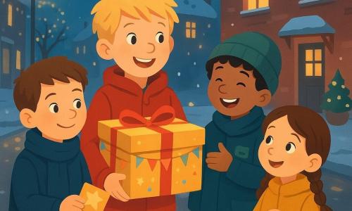 Vier kinderen: Finn (8) met warrig blond haar en rode jas houdt een grote glinsterende doos en lacht; Bram (8) met kort kastanjebruin haar en marine sjaal schudt Finns hand en houdt een klein sterrendoosje; Sam (8) met krullend zwart haar en groene muts lacht met een hand in zijn zak en een kaart op zijn jas; Noor (5) met twee bruine vlechten en mosterdgele jas houdt een klein lantaarnpotje en kijkt naar de doos. Locatie: een buurtstraat bij schemering met besneeuwde daken, zachte lantaarns en lichtslingers, nat trottoir dat de lampen weerspiegelt en een warm verlichte keukenramen. Situatie: rond middernacht delen de kinderen kaarten en kleine cadeaus uit de fonkelende doos die licht stuift, kleurrijk papier en sterren zweven, blije gezichten en een warme, zachte sfeer.