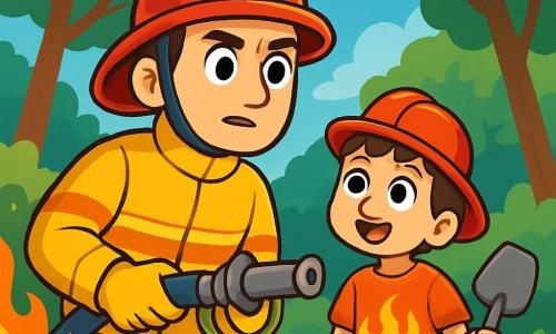 Un bombero hombre, de unos treinta años, con un casco rojo brillante y un uniforme amarillo vivo, se encuentra valientemente frente a un incendio forestal, su rostro marcado por la concentración y la determinación. Sus ojos son grandes y alertas, y empuña una manguera, listo para apagar las llamas. A su lado, un niño de 8 años, Diego, lleva un pequeño casco de bombero de plástico y una camiseta con motivos de llamas. Mira con admiración al bombero, con los ojos abiertos de emoción, mientras sostiene una pequeña pala de plástico. El lugar es un bosque verde, con árboles majestuosos rodeando una zona donde la vegetación arde, creando una atmósfera dramática y cautivadora. Nubes de humo se elevan en el aire azul, contrastando con el verde de los árboles. La situación principal muestra al bombero en acción, luchando contra las llamas que bailan y crepitan, mientras Diego observa con asombro y respeto, soñando con convertirse en un héroe como él.