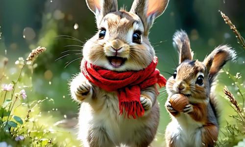 Hopsi, ein kleiner Hase mit großen Ohren und funkelnden Augen, springt fröhlich in der Mitte des Bildes mit einem breiten Lächeln. Sein weiches, braunes Fell und der rote Schal, der hinter ihm weht, verleihen ihm einen lebhaften Ausdruck. Neben ihm hält ein fröhliches, rotpelziges Eichhörnchen mit einem buschigen Schwanz eine Nuss in seinen Pfoten und lacht Hopsi an. Ein weiser, brauner Uhu sitzt auf einem Ast und beobachtet die Szene mit einem amüsierten Blick, seine großen, runden Augen strahlen Intelligenz aus. Die Szene spielt in einem verzauberten Wald, wo zarte Schneeflocken sanft von majestätischen Bäumen fallen, die mit einem weißen Mantel bedeckt sind. Funkelnde Lichter schmücken die Äste und schaffen eine warme, festliche Atmosphäre. Hopsi und seine Freunde bereiten einen wunderschönen Weihnachtsbaum vor, den sie gerade ausgegraben haben, umgeben von bunten Girlanden und glitzerndem Schmuck. Die Aufregung und der Zauber von Weihnachten erfüllen die Luft, während sie zusammen lachen und singen, bereit, ihre Freundschaft zu feiern.