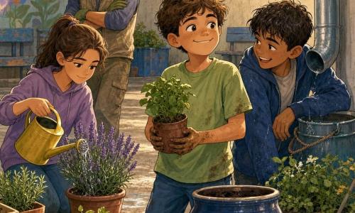 Un ragazzo di 12 anni, Tommaso, viso rotondo con lentiggini sul naso, sorridente e fiero, mani un po' sporche di terra, tiene una piccola pianta in vaso vicino a un grande vaso blu; indossa una maglietta verde chiaro e jeans, postura eretta, sguardo luminoso. Un altro ragazzo di circa 12 anni, Karim, capelli castani bagnati e espressione maliziosa, con la manica ancora umida, ride accanto al secchio d'acqua piovana, chino verso Tommaso. Una ragazza di circa 12 anni, Martina, capelli castani legati in coda, sguardo concentrato e calmo, tiene un annaffiatoio giallo e versa delicatamente acqua su delle lavande in vaso, in piedi a sinistra dei due ragazzi. Un uomo adulto, il signor Gino, circa 50 anni, barba brizzolata, sorriso discreto e atteggiamento supervisore, sta sullo sfondo con guanti da giardinaggio appoggiato a un muro. La scena si svolge nel cortile interno di una scuola con pavimento in cemento chiaro, muri grigi e finestre con sbarre, due panchine usurate, una grondaia metallica con un secchio attaccato, bidoni blu, piccoli cumuli di terra e attrezzi su cartoni; si vedono terra umida, foglie verdi vive, schizzi d'acqua, etichette di carta sui vasi, luce dorata del tardo pomeriggio e colori caldi e pastello.