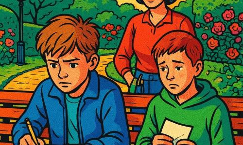 Elio, ragazzo di 12 anni, sguardo preoccupato ma determinato, capelli castano chiaro arruffati, giacca blu, seduto su una panchina di legno che scrive lentamente una lettera con una matita stretta tra le dita; Nadir, circa 13 anni, alto e magro, volto arrossato, felpa verde, tiene il foglio piegato, spalle basse, seduto accanto a Elio, sguardo sfuggente ma sollevato; Ada, donna sui 40, piccola, cappello di paglia e forbici da giardino alla cintura, sorride dolcemente osservandoli da un viale fiorito dietro la panchina; luogo: Giardino dei Limiti Gentili con siepi sagomate, lanterna di metallo appesa a un ramo, aiuole di rose rosa e rosse, sentiero lastricato e edera su un muretto in pietra; scena: i due ragazzi che scrivono insieme una lettera di scuse sulla panchina, luce calda e dorata del tardo pomeriggio, atmosfera intima e speranzosa, composizione grafica netta, colori saturi e campiture pop art.