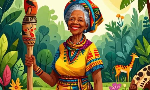 Nana Amina, una donna di circa 60 anni, si trova al centro della scena con un ampio sorriso caloroso sul volto. Indossa un vestito colorato decorato con motivi africani vivaci e un foulard annodato sulla testa, mentre tiene un bastone di legno intagliato, che rappresenta animali e piante. I suoi occhi brillano di saggezza e benevolenza mentre guarda intorno a sé con meraviglia. Accanto a lei, un ragazzo di 8 anni, con capelli crespi e occhi pieni di curiosità, osserva attentamente. Indossa una maglietta semplice e pantaloni corti di tessuto leggero, e sembra affascinato dalla storia che racconta Nana Amina, tenendosi vicino a lei con le mani incrociate dietro la schiena. Lo sfondo è un magnifico Bosco Incantato, pieno di alberi maestosi con tronchi larghi e foglie verdi brillanti. I raggi di sole filtrano tra il fogliame, illuminando il terreno coperto di fiori colorati e felci lussureggianti. In lontananza, si intravede un ruscello scintillante che serpeggia attraverso la foresta, aggiungendo un tocco di magia all'ambiente. La scena principale mostra Nana Amina che racconta una storia coinvolgente ai bambini raccolti attorno a lei, trasmettendo la saggezza degli antenati e l'importanza della giustizia e della solidarietà, incoraggiandoli ad ascoltare la voce della natura.