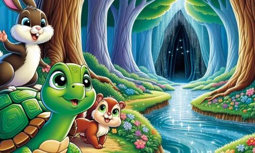 Una tartaruga di nome Timmy, con un bel guscio verde brillante e occhi curiosi che brillano di eccitazione, si trova al centro della scena, sorridendo con aria determinata mentre guarda verso l'ingresso di una grotta misteriosa. Accanto a lei, un piccolo scoiattolo di nome Sammy, con il pelo rosso e occhi scintillanti, salta con entusiasmo, agitando le sue piccole zampe come se fosse pronto a partire per un'avventura. Un po' più in là, una lepre di nome Lila, con un pelo morbido e orecchie lunghe, è pronta a saltare, mostrando un sorriso gioioso e impaziente. Lo scenario è una foresta incantata, con alberi maestosi dalle foglie verdi brillanti, fiori colorati che danzano nel vento e un ruscello scintillante che serpeggia attraverso il terreno, portando all'ingresso della grotta scura e misteriosa. La situazione principale mostra Timmy e i suoi amici, riuniti davanti alla grotta, pronti ad affrontare le sfide che li attendono all'interno, con un palpabile senso di avventura e amicizia nell'aria.