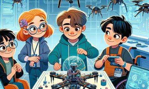 In un laboratorio futuristico, quattro bambini sono riuniti attorno a un tavolo di lavoro. Leo, un ragazzo di 12 anni con capelli castani e occhi brillanti, è piegato su un drone che assembla con entusiasmo. A destra c'è Sara, una ragazza di 11 anni con capelli rossi e occhiali tondi, che osserva attentamente uno schermo olografico con istruzioni. Marco, un ragazzo di 12 anni con capelli neri e pelle scura, è a sinistra, con un motore di drone in mano e un sorriso orgoglioso. Infine, Anna, una ragazza di 11 anni in sedia a rotelle, è al centro, con un grande sorriso, pronta a programmare il robot che ha progettato. Il laboratorio è pieno di componenti elettronici colorati, luci lampeggianti e droni che volano in cerchio sopra di loro. La scena principale mostra i bambini in piena collaborazione, ognuno con le proprie competenze uniche per costruire un drone che aiuterà gli altri, simboleggiando lo spirito di squadra e la creatività.