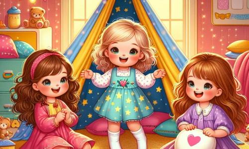 In un salotto accogliente, tre bambine di tre anni sono riunite. **Chiara**, una ragazza con capelli castani e ricci, indossa un vestito rosa con stelle, seduta al centro, sorridente, circondata dalle sue amiche. **Anna**, una ragazza con capelli biondi e lisci, è alla sua destra, vestita con una tunica blu, alza le braccia in aria con entusiasmo. **Sofia**, una ragazza con capelli castano ondulati, è a sinistra, indossa un vestito viola, tiene un cuscino a forma di cuore e ride gioiosamente. Il salotto è decorato con colori vivaci, con pareti dipinte di giallo e festoni di luci scintillanti appesi al soffitto. Una grande tenda fatta di coperte colorate è installata al centro, circondata da cuscini morbidi e giocattoli sparsi intorno a loro, creando un'atmosfera magica e accogliente. Le tre amiche giocano insieme nella loro casa colorata, immaginando di essere personaggi fantastici: una principessa, un cavaliere e un dottore magico, condividendo risate e storie, sostenendosi a vicenda nella loro avventura.