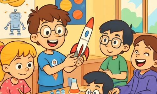 Hay 4 niños: - Lucas: Un niño de 10 años, con cabello castaño desordenado y gafas redondas. Lleva una camiseta azul con un dibujo de cohete y sostiene un modelo de cohete de plástico en sus manos. - Ana: Una niña de 10 años, con cabello largo y rubio, recogido en una coleta. Lleva un vestido rosa con lunares y sostiene una pequeña libreta en la que dibuja. - Diego: Un niño de 10 años, con cabello negro y gafas cuadradas. Lleva una camiseta verde y está sentado en una silla, mirando a Lucas con curiosidad. - Sara: Una niña de 10 años, con cabello castaño y una sonrisa brillante. Está en una silla de ruedas eléctrica, vestida con una sudadera morada, y se ríe alegremente mientras escucha a Lucas. Los niños están en un club de ciencias colorido, lleno de carteles de planetas y dibujos de robots en las paredes. Las mesas de madera están cubiertas de material científico: tubos de ensayo, libros abiertos y modelos de cohetes. La luz del sol entra por las grandes ventanas, iluminando la habitación y creando un ambiente alegre e inspirador. La situación principal muestra a Lucas, con una gran sonrisa, explicando su modelo de cohete a sus amigos, mientras Ana dibuja con entusiasmo, Diego escucha atentamente y Sara ríe, aportando un ambiente de camaradería y creatividad.