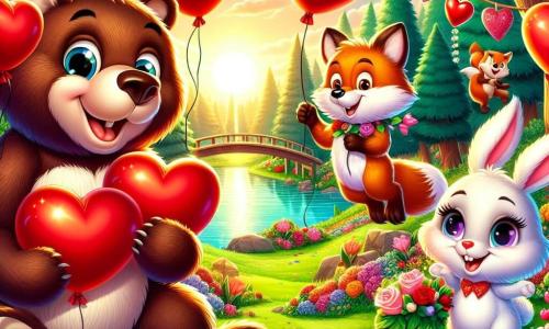 Un grande orso bruno dagli occhi scintillanti e dal sorriso caloroso si trova al centro della scena, circondato da palloncini rossi a forma di cuore, mentre prepara una festa di San Valentino. Alla sua destra, un piccolo coniglio bianco dalle grandi orecchie e dal pelo setoso, con un'aria gioiosa, tiene un festone colorato decorato con cuori. Alla sua sinistra, una volpe astuta con un pelo arancione vivace e occhi maliziosi sorride mentre appende ghirlande di fiori attorno a un albero. Lo sfondo è un parco verdeggiante, illuminato dalla luce dorata del sole al tramonto, con alberi maestosi, fiori brillanti e un piccolo stagno scintillante. La scena mostra l'orso e i suoi amici mentre preparano una caccia al tesoro, piena di risate e gioia, con cuori di cioccolato che brillano attorno a loro.