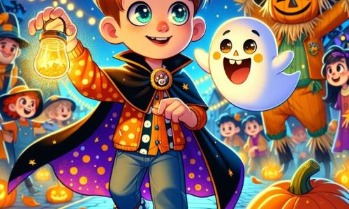 An 8-year-old boy, Leo, wears a flowing black cape and shiny orange sneakers. His face is lit up with excitement, his eyes sparkling with curiosity as he holds a small glass jar containing a golden light. Beside him, a little ghost named Boo, wearing polka dot socks, joyfully floats, his round friendly eyes displaying a smile. In the background, a friendly scarecrow with a straw hat and colorful jacket stands next to a large smiling pumpkin glowing in the Halloween night. The setting is a lively street decorated with twinkling lanterns and autumn leaves dancing in the wind, while children in costumes joyfully parade. The scene shows Leo and Boo discovering the golden light, ready to help the scarecrow regain his glow, surrounded by a festive and magical atmosphere.