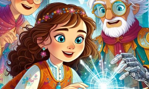 Al centro dell'immagine, c'è una ragazza di 8 anni di nome Lila, con lunghi capelli ricci e occhi brillanti come stelle, che esprime grande determinazione. Indossa una tunica colorata decorata con motivi magici e tiene in mano una mappa scintillante, pronta a guidare i suoi amici verso l'avventura. Alla sua destra, Fido, un giovane ingegnere di circa 10 anni, con occhiali futuristici e un sorriso entusiasta, esamina un strano apparecchio tecnologico che ha costruito. Indossa una tuta metallica brillante e il suo sguardo è pieno di meraviglia. A sinistra, Nonna Stella, una donna di 70 anni, con capelli argentati e un vestito tradizionale colorato, osserva Lila con orgoglio. Il suo viso esprime saggezza e benevolenza, e tiene un bastone magico che scintilla dolcemente. Lo scenario si svolge ai piedi del Monte delle Meraviglie, una montagna maestosa ricoperta di cristalli luccicanti e fiori luminescenti, sotto un cielo stellato con stelle cadenti che attraversano l'orizzonte. La scena principale mostra Lila, Fido e Nonna Stella davanti a una grande porta di pietra decorata con rune magiche, mentre si preparano a entrare in un mondo fantastico, unendo magia e tecnologia per risolvere un conflitto.