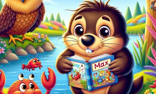 Max, ein kleiner Maulwurf mit weichem braunem Fell und großen neugierigen Augen, steht am Rand eines schönen Teiches, mit einem schüchternen Lächeln im Gesicht und hält ein buntes Buch voller Zeichnungen und Geschichten. Neben ihm hüpft eine fröhliche kleine Krebs, mit bunten Scheren und funkelnden Augen, vor Aufregung und teilt die Freude über das Buch. Ein wenig weiter entfernt beobachtet eine weise Eule mit goldenen Federn, die auf einem Ast sitzt, die Szene mit einem wohlwollenden Blick und ist bereit, Ratschläge zu geben. Der Ort ist ein wunderschöner sonniger Garten, gefüllt mit leuchtenden Blumen, majestätischen Bäumen und einem klaren blauen Himmel, der eine warme und einladende Atmosphäre schafft. Die Hauptsituation zeigt Max und seine Freunde, die Geschichten und Lachen teilen, ihre Freundschaft und gegenseitige Unterstützung in einem Moment der Freude und Entdeckung feiernd.