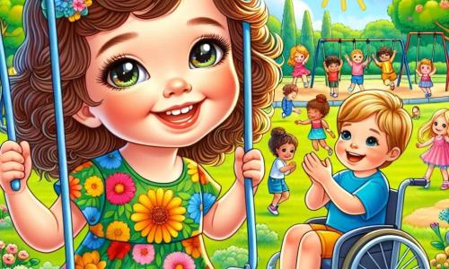 In einem sonnigen Park lächelt das 3-jährige Mädchen Lina mit lockigem braunem Haar und großen strahlenden Augen fröhlich, während sie auf einer Schaukel spielt. Sie trägt ein buntes Blumenkleid und ihre Wangen sind vor Aufregung rosig. Neben ihr sitzt Max, ein 5-jähriger Junge mit blondem Haar und einem warmen Lächeln, in seinem Rollstuhl. Er trägt ein blaues T-Shirt und Shorts und applaudiert begeistert Lina und den anderen Kindern, die um sie herum spielen. Der Park ist grün, mit majestätischen Bäumen, leuchtenden Blumen und Kindern, die auf Schaukeln und Rutschen lachen und spielen. Der Himmel ist strahlend blau, mit einigen flauschigen weißen Wolken. Die Hauptszene zeigt Lina und Max, die einen Moment der Freude teilen, umgeben von anderen Kindern, die sie ermutigen, gemeinsam zu spielen, und verdeutlicht so die Bedeutung von Freundschaft und Toleranz.
