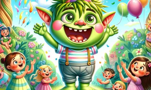 En el centro de la imagen, un pequeño ogro llamado Ogg, con piel verde y orejas puntiagudas, muestra una gran sonrisa alegre. Lleva un pantalón de tela y una camiseta a rayas, mientras está de pie sobre una caja de madera, con los brazos levantados, listo para mostrar su truco de magia. Sus ojos brillan de emoción y amistad. A su derecha, una niña llamada Clara, de unos 8 años, con largos cabellos castaños y un vestido colorido, aplaude con entusiasmo. Su rostro radiante y mejillas sonrosadas están rodeados de varios niños que ríen y se divierten a su alrededor. El escenario es un claro encantado, lleno de flores multicolores y grandes árboles de troncos torcidos, bajo un cielo azul salpicado de nubes en forma de caramelos. Globos de todos los colores flotan en el aire, y una gran pancarta de papel dice "Fiesta de Ogg". La situación principal muestra a Ogg, lleno de energía, realizando un truco de magia, mientras un pequeño chorro de fuego sale de sus manos, provocando la explosión de un globo, lo que hace reír a todos los niños presentes.