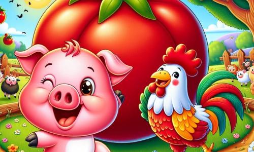Un piccolo maialino di nome Pino, con un pelo rosa e guance rotonde, mostra un grande sorriso gioioso mentre salta intorno a un pomodoro gigante. I suoi occhi brillano di eccitazione e curiosità. Accanto a lui, un gallo colorato con piume rosse e dorate balla allegramente, cantando parole divertenti. Lo scenario si svolge in una fattoria soleggiata, con campi verdi, un grande albero frondoso sullo sfondo e fiori colorati che abbelliscono il terreno. In lontananza, si intravede un recinto con pecore che ridono e saltellano felici. La situazione principale mostra Pino e Gallo mentre celebrano la loro scoperta di un pomodoro gigante, circondati da risate e buonumore, creando un'atmosfera festosa e amichevole.