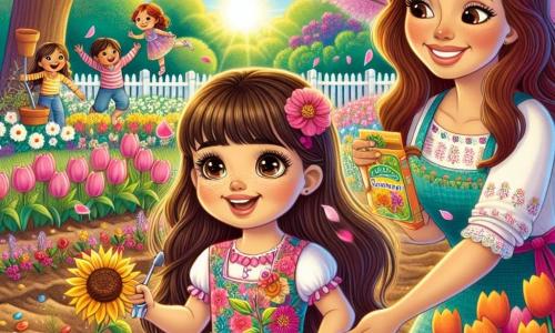 Una niña de 7 años, llamada Sofía, con largos cabellos castaños y ojos llenos de curiosidad, está en el centro del jardín. Lleva un vestido colorido con flores y sonríe alegremente, sosteniendo una pequeña pala de plástico, lista para plantar semillas. A su lado, su madre, una mujer de unos treinta años con cabello castaño y una sonrisa cálida, la anima mientras sostiene un paquete de semillas. El jardín está lleno de tulipanes y margaritas de colores vivos, y un gran cerezo en flor se alza al fondo, con sus pétalos rosas cayendo suavemente. El sol brilla en un cielo azul claro, creando una atmósfera alegre y primaveral. Sofía y su madre están plantando semillas de girasol, rodeadas de risas de niños que juegan y bailan, celebrando la belleza de la temporada.