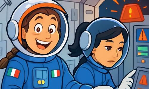 Un astronauta uomo, Marco, con una treccia di capelli castani sotto il casco, sfoggia un ampio sorriso e occhi brillanti di eccitazione. Indossa una tuta spaziale blu decorata con la bandiera italiana, che fluttua leggermente attorno a lui in assenza di gravità. Accanto a lui, un'astronauta donna, Yumi, di circa 30 anni, ha capelli neri e lisci raccolti in una coda di cavallo. Regola un pannello di controllo con un'espressione concentrata, stando vicino a Marco. Sullo sfondo si vede l'interno della stazione spaziale, con muri argentati e schermi luminosi che mostrano dati. Strumenti fluttuano attorno e una grande finestra offre una vista spettacolare della Terra, blu e verde, sottostante. La scena principale mostra Marco e Yumi che lavorano insieme per risolvere un problema tecnico, con luci lampeggianti e allarmi in sottofondo, illustrando l'urgenza e lo spirito di squadra nello spazio.