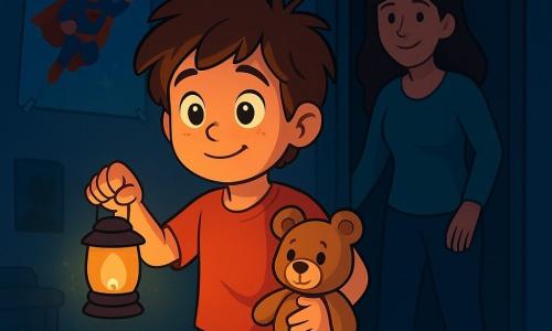Um menino de 8 anos, com cabelos castanhos bagunçados e olhos brilhantes de curiosidade, está em seu quarto escuro, segurando uma pequena lanterna que ilumina seu rosto com uma luz suave e acolhedora. Ele tem um leve sorriso, mostrando que está um pouco nervoso, mas determinado a superar seu medo do escuro. Ao seu lado, seu urso de pelúcia, Tobias, está apertado contra seu coração, com um olhar amigável e reconfortante. Na sombra da porta, sua mãe, uma mulher na casa dos trinta anos com cabelos longos e castanhos, o observa com um sorriso gentil, pronta para oferecer apoio. Ela está ligeiramente recuada, criando uma atmosfera de segurança. O quarto é decorado com pôsteres coloridos de super-heróis e brinquedos espalhados pelo chão, mas a escuridão dos cantos cria uma atmosfera misteriosa. A luz da lanterna projeta sombras dançantes nas paredes, transformando o espaço em uma paisagem mágica. O menino, com uma expressão de coragem, explora seu ambiente, iluminando as sombras com sua lanterna, pronto para descobrir os segredos que a noite tem a oferecer.