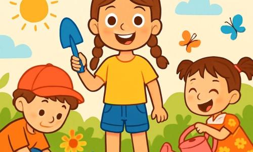 Una niña de 8 años, con cabello castaño en dos trenzas, sonriente y llena de entusiasmo, está en el centro de un jardín vibrante, sosteniendo una pequeña pala de plástico. Lleva una camiseta amarilla brillante y un short de mezclilla, con ojos que brillan de alegría. A su lado, un niño de 7 años, con cabello rizado y una gorra roja, está agachado plantando semillas con expresión concentrada. Otra niña de 6 años, con coletas y un vestido de flores, riega las plantas con una regadera rosa, riendo alegremente. El jardín es soleado, lleno de flores coloridas, verduras verdes y pequeños mariposas revoloteando. Guirnaldas de papel flotan en el aire, añadiendo un toque festivo. La escena principal muestra a los niños trabajando juntos, riendo y divirtiéndose mientras cultivan su jardín, creando un momento de camaradería y descubrimiento.