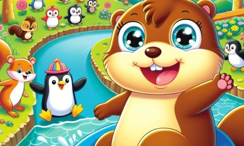 Una marmota alegre llamada Momo, con un pelaje marrón brillante y grandes ojos chispeantes, está al borde de una pequeña colina, lista para deslizarse en el agua. Sonríe ampliamente, llena de emoción. A su lado, un pingüino llamado Pablo, con un vientre blanco brillante y un pequeño sombrero de papel, la anima levantando sus aletas. Cerca, una pingüina llamada Pía, con un bonito lazo rosa en la cabeza, ríe sosteniendo un cartel que dice "¡Vamos, Momo!". El escenario es un zoológico colorido, con árboles verdes, flores brillantes y una pequeña colina que desciende hacia una piscina de agua clara. En el fondo, otros animales curiosos, como ardillas y pájaros, observan la escena con expresiones divertidas. La situación principal muestra a Momo, lista para una divertida deslizamiento, mientras los pingüinos y los otros animales la animan, creando una atmósfera de alegría y camaradería.
