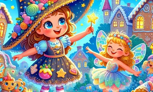 Lili, uma aprendiz de bruxa de três anos, está no centro da imagem. Ela usa um grande chapéu de bruxa muito grande para sua cabeça pequena, com estrelas e luas desenhadas. Seu rosto brilha com um sorriso travesso e seus olhos refletem curiosidade, segurando uma pequena varinha mágica cintilante. Ao lado dela está Bolinha, uma pequena fada de cerca de quatro anos, com cabelos cacheados e dourados, vestindo um vestido feito de pétalas de flores coloridas. Bolinha ri com os braços levantados, como se estivesse dançando ao redor de Lili. O cenário é uma encantadora aldeia mágica, com casas de gengibre de telhados coloridos, árvores de folhas multicoloridas e um céu azul com nuvens em forma de doces. A cena principal mostra Lili e Bolinha cercadas por um grupo de animais encantados, incluindo uma tartaruga dançante que se transformou de um sapato gigante. Lili ri alto enquanto Bolinha aplaude alegremente, criando uma atmosfera de festa e magia.