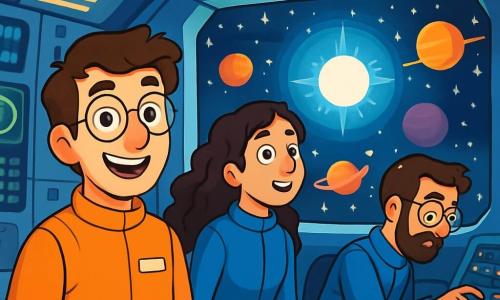 Um homem, Dr. Miguel Lopes, de cerca de 39 anos, está em pé no convés da nave espacial 
