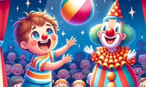 Um garotinho de 2 anos, Lucas, com cabelos castanhos bagunçados e grandes olhos brilhantes de alegria, está no centro da imagem, sorrindo amplamente enquanto lança uma bola colorida para um palhaço. Lucas usa uma camiseta listrada e um short azul, e seu rosto expressa imensa excitação. Ao lado dele, um palhaço alegre, de cerca de 30 anos, com um nariz vermelho e um sorriso radiante, pega a bola com o nariz. Ele está vestido com um traje colorido de bolinhas e usa um chapéu alto. O palhaço está ligeiramente à frente de Lucas, pronto para fazer o público rir. Ao fundo, a tenda do circo está lindamente decorada com listras vermelhas e brancas, iluminada por cordões de luzes cintilantes. Espectadores maravilhados, de todas as idades, estão sentados em bancos de madeira, rindo e aplaudindo. A cena mostra Lucas e o palhaço se divertindo juntos, criando uma atmosfera alegre e mágica, cheia de risos e cores, no coração do circo.