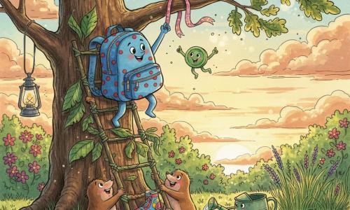 Ein kleiner blau gepunkteter Rucksack mit lächelnden Reißverschlüssen klettert mutig eine improvisierte Leiter aus Zweigen, Blättern und Steinen hinauf, um ein rosa, glitzerndes Band an einen hohen Ast zu binden, während ein grüner, runder Knopf auf dem Griff aufgeregt hüpft und zeigt, zwei rundliche, braune Maulwürfe die Leiterbasis schieben, eine alte grüne, etwas eingedellte Gießkanne warmes Wasser über ein Samenkornloch gießt, ein bunter Rollschuh als wackeliger Tritt zwischen Steinen steckt und eine kleine Metalllaterne am Ast die Szene in goldenem Abendlicht eines großen Sommergartens mit dichtem Gras, polierten Steinen, blühenden Büschen und einer sehr hohen Eiche erhellt — ein Moment von Kooperation, Freude und gemeinsamem Einsatz.