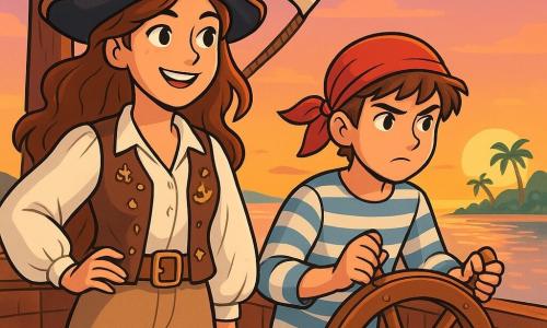 Mira Salten, eine junge Piratin mit langen, gewellten Haaren, steht stolz auf dem Deck ihres Schiffes, der 