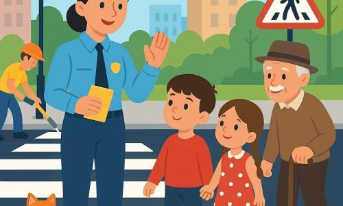 O polițistă zâmbitoare și binevoitoare, în jachetă bleu deschis și șapcă asortată, ridică mâna pentru a opri circulația și ține un mic carnețel galben; un băiat de 6 ani cu pulover roșu ține de mână o fetiță de 5 ani în rochie cu buline și cu codite, stând pe trotuar lângă o trecere de pietoni proaspăt vopsită; un bătrân de circa 75 de ani cu păr cenușiu și pălărie merge încet cu bastonul câțiva pași în spate, zâmbind; o pisicuță roșcată stă pe marginea trotuarului privind scena; doi grădinari în fundal vopsesc dungi albe cu pensule mari; colț de stradă însorit cu trotuar gri, stâlp de iluminat rotund, copaci verzi, clădiri în tonuri pastel și un panou colorat — compoziție clară și liniștitoare, culori vii, forme simple și gesturi care inspiră siguranță.