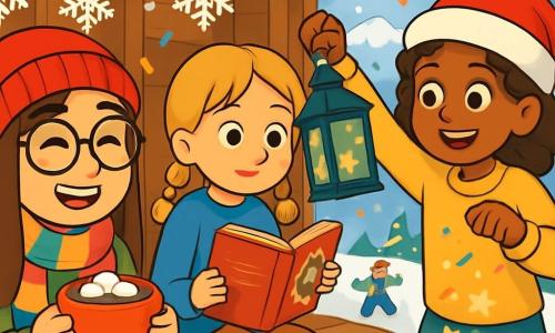 Hay 3 personajes: - Lucía: una niña de 11 años, con cabello largo castaño y gafas redondas. Lleva un gorro rojo y una bufanda multicolor, y sonríe alegremente sosteniendo una gran taza de chocolate caliente. - Marta: una niña de 11 años, con trenzas rubias y un suéter azul. Tiene una expresión curiosa y mira un libro sobre las tradiciones de fin de año, sentada en un banco de madera. - Sofía: una niña de 11 años, con cabello rizado y un sombrero navideño. Está de pie, sosteniendo una linterna mágica que proyecta estrellas brillantes sobre la nieve, rodeada de confeti colorido. El lugar es un albergue acogedor, decorado con guirnaldas luminosas y copos de nieve de papel colgados del techo. Afuera, se extiende un paisaje invernal mágico: montañas nevadas, abetos cubiertos de nieve y niños jugando en la nieve, creando un alegre desorden de bolas de nieve y risas. La situación principal muestra a las tres amigas celebrando el Año Nuevo, rodeadas de luces brillantes y decoraciones festivas. Se ríen y se divierten, listas para compartir deseos y dulces, mientras proyectan estrellas con la linterna mágica en un ambiente alegre y festivo.