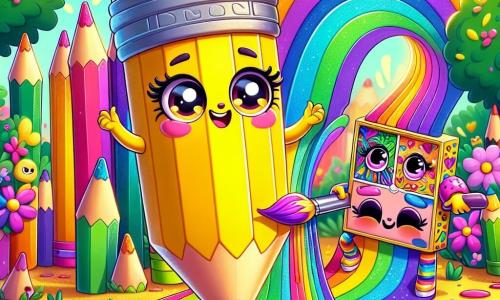 Un personaje principal, un lápiz amarillo brillante con una cara sonriente y ojos chispeantes, está dibujando un gran arcoíris en el suelo con colores vibrantes. Expresa una alegría contagiosa, sus rasgos redondeados y su cuerpo alargado le dan un aspecto amigable y cálido. Junto a él, otra cajita de lápices, Lila, es representada con colores variados, tonos de violeta y rosa, y patrones únicos en su cuerpo. Tiene una sonrisa tímida pero radiante, y sostiene un pincel, añadiendo detalles coloridos al dibujo. El lugar es un parque soleado, lleno de flores coloridas y árboles con hojas verdes brillantes. El suelo está cubierto de arena dorada, y al fondo se pueden ver otros lápices y colores que se acercan con curiosidad, atraídos por la escena alegre. La situación principal muestra al lápiz amarillo y a Lila colaborando para crear un hermoso mural de arcoíris, ilustrando así la importancia de la amistad y la tolerancia a través de sus diferencias.
