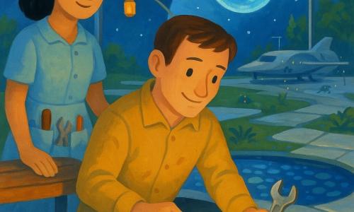 A man, Elliot, in his thirties with a soft face, short brown hair, faint grease-stained fingers and a calm focused smile, is crouched planting a small green moss stone into a glowing pot while holding a wrench; a woman, Hana, in her forties with black hair tied with a blue ribbon, wearing a light dress with tool-filled pockets, stands beside him with one hand on a floating bench and a benevolent, ready-to-help expression; a small bluish translucent holographic navigation robot, Mira, hovers above Elliot’s shoulder casting a soft halo and displaying tiny green position and timer symbols; they are on the central terrace of the Zen Garden Orbital—pearly floating tiles, flame-less hanging lanterns, shallow glass-pebble pools reflecting stars and curved glass walls revealing the blue planet; in the calm, precise scene Elliot tends the moss by a pebble pool, the Lumen docked in the background, tiny maintenance drones at work, and a warm, orderly twilight light pervades.