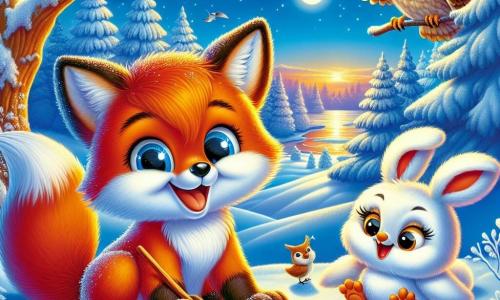 Ein kleiner, leuchtend roter Fuchs mit funkelnden Augen sitzt im Schnee und hält einen Stock in seinen Pfoten, während er einen großen Baum mit schneebedeckten Ästen zeichnet. Neben ihm beobachtet eine weise Eule mit weißen und braunen Federn, die neugierig schaut, aufmerksam das Zeichnen und kritzelt Vögel auf ein Blatt Papier. Ein fröhlicher Hase mit großen Ohren und weißem Fell springt voller Freude direkt hinter ihnen, hält ein kleines Stück Karotte und ist bereit, sich ihrer kreativen Aktivität anzuschließen. Die Szenerie ist eine wunderschöne Winterlandschaft: majestätische Bäume, die mit glitzerndem Schnee bedeckt sind, ein hellblauer Himmel mit flauschigen weißen Wolken und ein gefrorener kleiner See, der das Sonnenlicht reflektiert. Die Szene zeigt die Freunde, die gemeinsam schaffen, umgeben von der friedlichen Schönheit des Winters, erfüllt von Glück und Freundschaft.