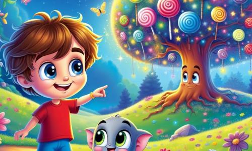 In un paesaggio magico, vediamo due personaggi principali: Leo, un ragazzo di 7 anni con grandi occhi curiosi e capelli castani ricci, che indossa una maglietta rossa e pantaloni corti blu, sorride mentre indica l'albero davanti a lui; e Tom, un amico grande di 10 anni, simile a un piccolo veicolo con ruote magiche, colorato di blu e giallo, con occhi espressivi, che sta accanto a Leo, pronto a seguirlo nell'avventura. Il luogo è un campo incantato, pieno di fiori multicolori che danzano al vento, con l'Arbre des Caramelles al centro, le cui branche cariche di caramelle brillanti scintillano come stelle sotto il sole. Leo e Tom, meravigliati, si trovano davanti all'Arbre des Caramelles, ognuno con una caramella colorata in mano, circondati da farfalle colorate che volano attorno a loro, creando un'atmosfera gioiosa e magica.