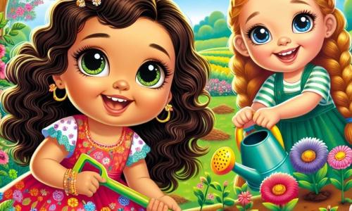 Uma menina de 4 anos, Lila, com grandes olhos brilhantes e um sorriso radiante, está agachada em um parque verdejante, segurando uma pequena pá de plástico. Ela tem cabelos cacheados e castanhos, e usa um vestido colorido com flores. Ao lado dela, outra menina, Ana, também de 4 anos, com cabelos longos e loiros trançados, sorri alegremente segurando um regador. Elas estão cercadas por terra solta e pequenas sementes de flores que acabaram de plantar. O parque é cheio de verde, com grandes árvores de folhas brilhantes e flores coloridas começando a florescer. A cena mostra Lila e Ana plantando flores, com rostos iluminados pela excitação e alegria de contribuir para a natureza, enquanto abelhas zumbem ao redor, atraídas pelas flores.