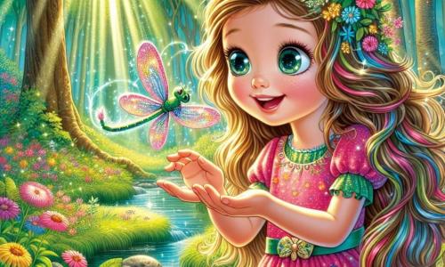 Ein etwa 8-jähriges Mädchen namens Lila steht am Ufer eines plätschernden Baches. Sie hat lange, wellige Haare, die wie goldene Fäden glänzen, und trägt ein rosa Kleid mit bunten Blumen. Ihr Gesicht strahlt vor Staunen, ihre Augen funkeln vor Neugier. Neben ihr landet eine schimmernde Libelle mit schillernden Flügeln sanft auf ihrer Hand und flüstert ihr magische Worte zu. Im Hintergrund erstreckt sich ein dichter Wald mit majestätischen Bäumen und leuchtend grünen Blättern. Bunte Blumen bedecken den Boden, und Sonnenstrahlen brechen durch die Äste und schaffen ein märchenhaftes Lichtspiel. Die Szene zeigt den Moment, in dem Lila die verzauberte Libelle entdeckt, bereit, sie in eine magische Welt zu führen.