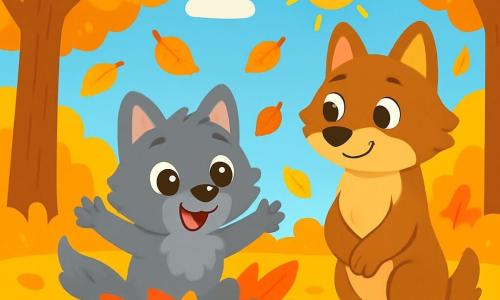 A small gray wolf with soft fur, big bright eyes, and a joyful smile jumps into a pile of vibrant autumn leaves: red, orange, and yellow. Full of energy and happiness, his paws sink into the crunchy leaves. Next to him, his mother, a light brown she-wolf, watches him with a tender and amused smile, her eyes sparkling with pride. She stands with her paws crossed, surrounded by gently falling leaves. The scene takes place in an enchanted forest, where majestic trees are adorned with golden leaves, and the ground is covered with a colorful carpet of leaves. The sky is light blue with fluffy white clouds, and the sun shines, creating a warm and joyful atmosphere. The little wolf enjoys jumping and playing in the leaves while his mother watches him lovingly, creating a magical autumn moment filled with laughter and happiness.
