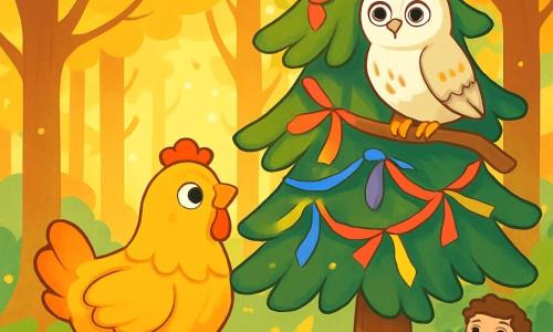 A small hen named Marigold, with golden feathers soft as cake batter, stands on a gentle carpet of green moss. Her eyes shine with determination and hope as she gazes at a majestic pine tree adorned with colorful ribbons. Next to her, a white owl named Whisper, perched on a branch, has round, curious eyes, attentively observing the scene. In the background, a young boy in muddy boots, around eight years old, smiles in wonder, holding a small basket filled with colorful berries. The setting is an enchanted forest, bathed in golden light, with tall trees and shimmering leaves under the setting sun. The main scene shows Marigold and Whisper united in their mission to protect the pine, surrounded by a joyful and friendly atmosphere, ready to welcome all the forest animals.