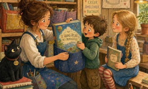 A smiling, focused female inventor with rosy cheeks and a messy bun in a paint-stained blue apron kneels and gently adjusts a fabric pocket to slip in a large colorful book; a wide-eyed ~6-year-old brown-haired boy holds and offers a very large illustrated album, a ~7-year-old girl with a long blonde braid smiles while holding a small book seated on a bench, and a small round black cat named Beetle perches on a stack of notebooks watching; warm workshop with light wood walls, tall shelves of colorful fabric pockets with illustrated tabs (moon, boat, apple), soft yellow lamps, visible fabric and page textures, bright colored pencils, atmosphere of gentle, joyful cooperation.