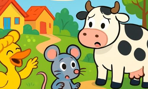 Um pequeno rato chamado Tito, com pelagem cinza suave e olhos brilhantes de curiosidade, está no centro da cena, com uma expressão surpresa e divertida, olhando ao redor. À sua direita, a vaca Bebel, grande e redonda, com manchas brancas e pretas, parece triste e perplexa, observando uma fatia de queijo que desapareceu. À esquerda, o pato Patolino, com plumagem amarelo-vivo e um grande chapéu de macarrão na cabeça, ri fazendo gestos cômicos. Ao fundo, a vila dos Animais Sorridentes está repleta de casas coloridas, flores vibrantes e árvores verdes, sob um céu azul ensolarado. A cena mostra Tito e seus amigos procurando pistas para encontrar o queijo desaparecido de Bebel, com rastros de queijo e risadas no ar.