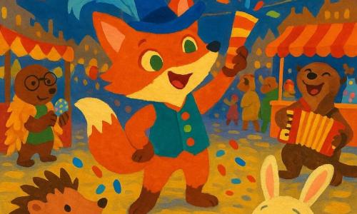 Pippa, a mischievous, cheerful anthropomorphic fox with bright orange fur, a fluffy white-tipped tail, sparkling green eyes, a large blue-feathered hat and a rainbow-buttoned vest, beams and raises a hand to fire a multicolored confetti cannon; behind her left stands Marvin, a small round mole with soft brown fur, round glasses and a cape of golden leaves, shaking a tiny jellybean shaker; to the right Nia, a glossy brown otter musician, enthusiastically plays an accordion; in the foreground Bella, a white mischievous bunny candy seller, jingles small bells; center-left Hugo, a brown-spiked hedgehog juggler, tosses jellybeans into the air. The carnival square is paved with old stones, draped in red-and-yellow striped bunting, hanging paper lanterns and painted wooden stalls, a crowd of colorfully costumed animals in the background, confetti and lanterns drifting through the dusk—a festive grand finale with a burst of confetti as the friends play a collective melody, dynamic composition, warm colors and thick gouache textures.