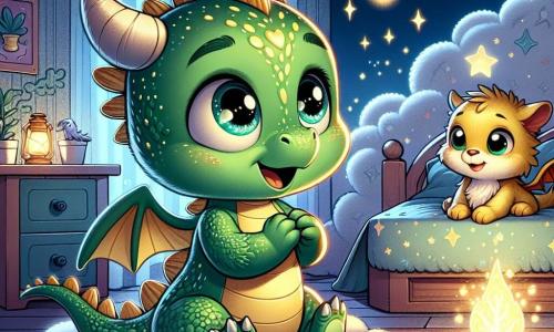 Pufi, un mic dragon cu solzi verzi strălucitori și cu ochi plini de curiozitate, stă în camera sa, privind o lampă magică care luminează ușor încăperea. Are o expresie atât de uimită, cât și puțin temătoare, cu aripile mici lipite de corp. Lângă el, mama sa dragon, cu solzi aurii și un zâmbet liniștitor, stă pe pat, ținând o carte deschisă. Ea pare blândă și protectoare, încurajându-l pe Pufi să-și depășească frica. Camera este decorată cu nori din pluș și stele strălucitoare pe tavan, creând o atmosferă caldă și reconfortantă. Un covor pufos în formă de nor este întins pe podea, adăugând o notă de magie. În această scenă, Pufi, cu lampa sa magică aprinsă, învață să-și îmblânzească anxietatea față de întuneric, în timp ce mama îi citește o poveste plină de curaj și aventuri, sub lumina blândă care le luminează mica lume.