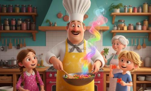 A cheerful Chef Benny, round-faced with a thin mustache and tall white toque, wearing a flour-streaked bright yellow apron, stirs a shiny wok with a large wooden spatula as colorful steam rises; to his left Lily, about 8, with brown braids and a pink polka-dot dress, cuts bell peppers into heart shapes, and to his right Max, about 8, with tousled blond hair and a blue T‑shirt, proudly shows star-shaped pepper cutouts, while Mrs. Baker, an adult with light gray hair in a bun and a checkered apron, sprinkles fresh herbs over the wok by a red oven; the large, bright kitchen has turquoise walls, wooden shelves with spice jars, hanging copper pans, a wooden worktop scattered with rainbow vegetables, a heart-shaped mold and golden star cookies; the scene is joyful and lively, centered on the chef with children at his sides and the baker behind, in a saturated, soft-shaded 3D animated film style with warm late-afternoon lighting, exaggerated friendly expressions and mid-shot framing.